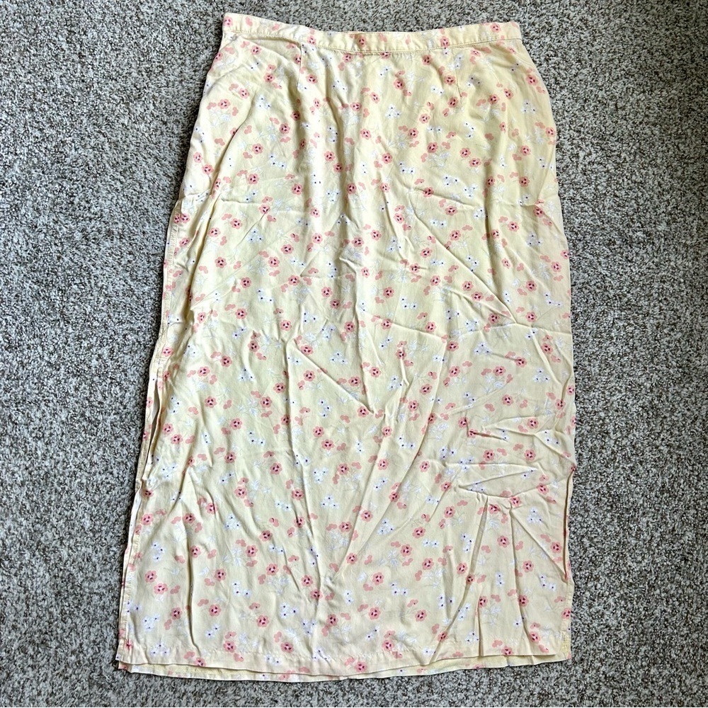 🦋 Christopher & Banks Vintage Yellow Pink Floral Maxi Skirt Size 12 90s